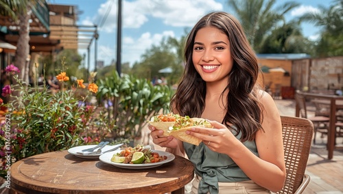 Smiling Woman Enjoys Delicious Tacos at a Sunny Outdoor Restaurant in the Aft...