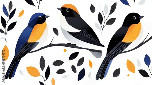 Three birds are perched on a branch, surrounded by stylized leaves and dots against a white background.