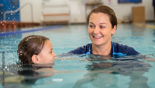 Joyful Swimming Lesson Between a Child and an Instructor in a Clear Pool