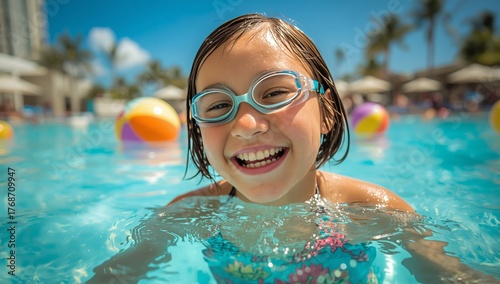 Smiling Girl With Goggles Enjoys Swimming in a Sunny Resort Pool Full of Colo...