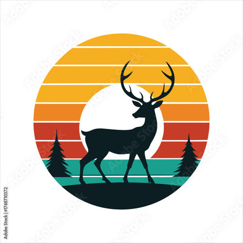 Classic Christmas Deer Retro Sunset Logo Vector