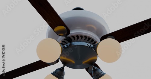 Close-up low angle view of a modern ceiling fan featuring wooden blades and integrated warm-toned light fixtures. The sleek metallic housing and illuminated bulbs highlight contemporary home interior