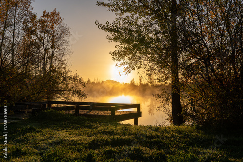 Canvas Print Misty Autumn Sunrise Over Quiet Forest Lake