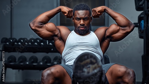 Strong Man Demonstrating Impressive Muscle Strength in Gym Workout Session