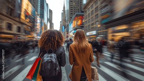 Two Friends Walking Through a Busy City Street in New York With Bright Lights...