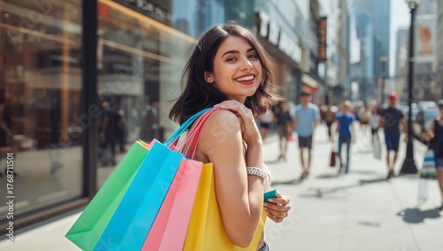 Woman Enjoys Shopping While Walking in a Busy City Street During Daytime