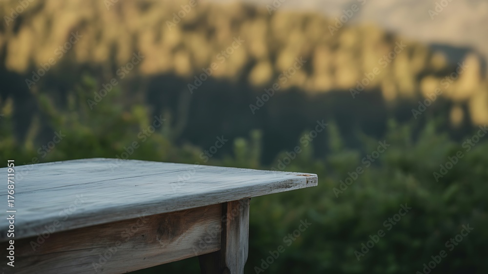 Fototapeta premium Empty wooden table with blurred forest background for product display montage