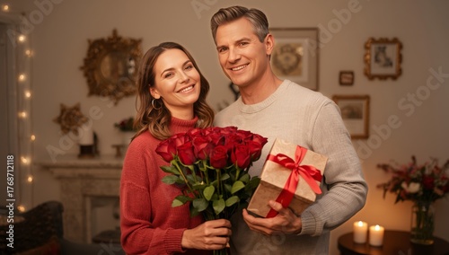 Couple Celebrates Special Occasion With Roses and a Gift in Cozy Indoor Setting