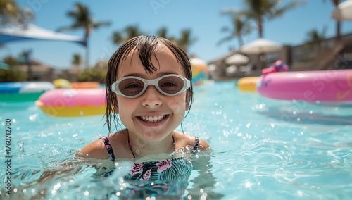 Smiling Girl With Goggles Enjoys Swimming in a Sunny Resort Pool Full of Colo...