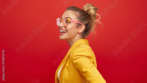 Smiling Woman in Yellow Jacket and Glasses Stands Against a Bright Red Backgr...