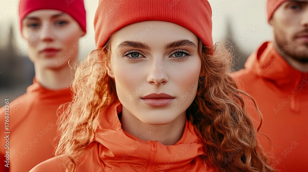 Obraz premium Woman with curly red hair wearing an orange beanie looks directly at the camera, with two other models blurred in the background.