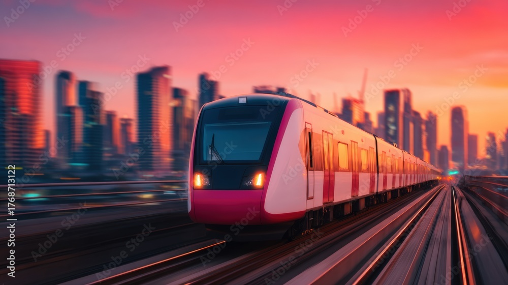 Fototapeta premium Modern high speed train, Modern train speeding through a vibrant cityscape at sunset.