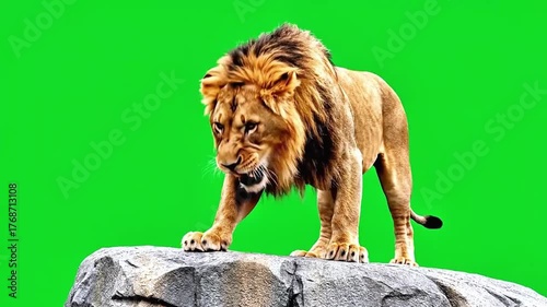 Majestic lion roaring on a hilltop with green screen background
