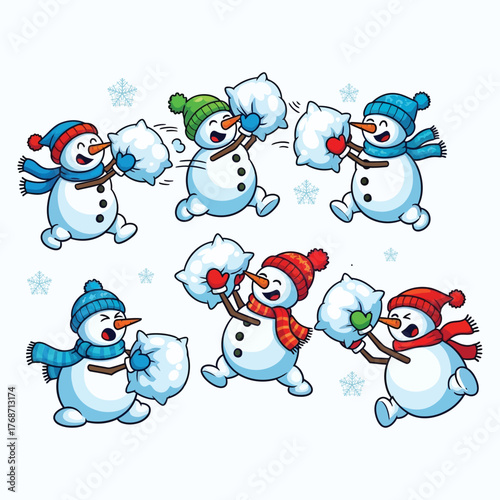 Playful snowmen having a pillow fight with snowflakes falling around them