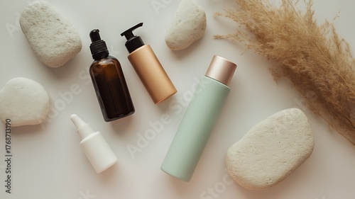 Skincare products and natural elements on a white background, beauty routine
