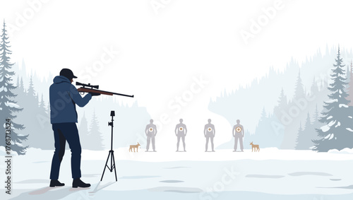 Man aiming rifle at biathlon shooting range in snowy mountain landscape