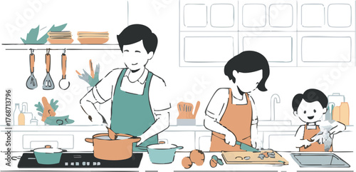 Family preparing food together in a bright and cheerful kitchen scene