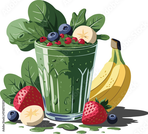 Fresh green smoothie with fruit and ingredients for a healthy lifestyle