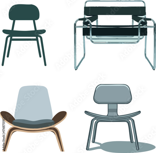 A collection of four modern chair designs in simple illustration style
