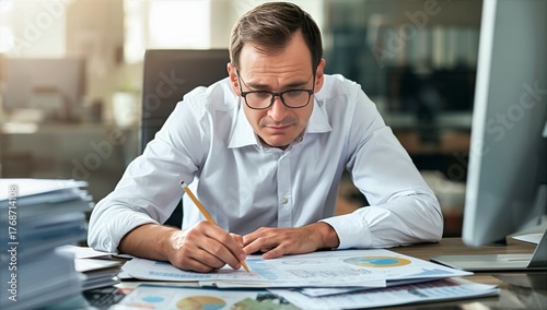 Business Professional Writing Notes in a Busy Office Setting During Daytime