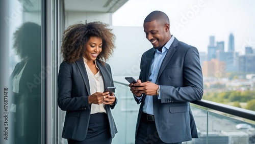 Business Professionals Share a Moment on a Balcony in a Cityscape on a Sunny Day