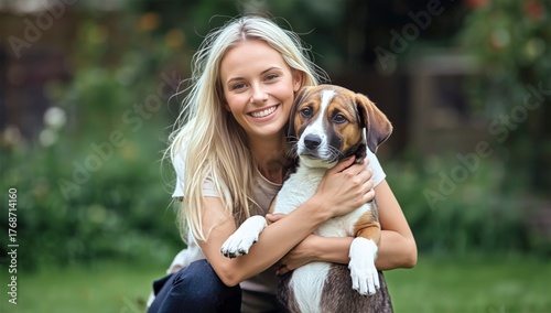 Happy Woman Holds Puppy in Her Arms on a Sunny Day at the Park