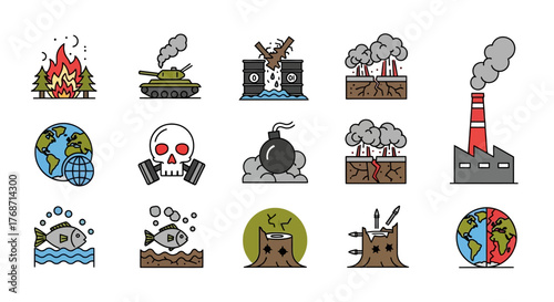 Colorful Environmental Pollution Icons Vector Set