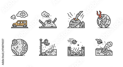 Apocalyptic Planet and Global Destruction Icons Vector
