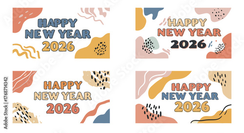 Happy New Year 2026 celebration design festive abstract shapes on white perfect for a holiday greeting card bringing joy and anticipation