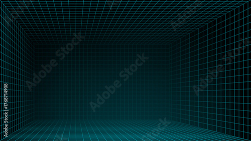 Blue grid wireframe box for virtual reality and augmented reality. Cyber space retro synthwave style hud vector graphics. Futuristic empty room.