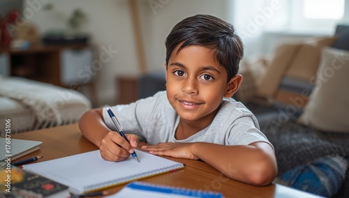 Young Boy Enjoying a Quiet Moment of Creativity While Drawing at Home During ...