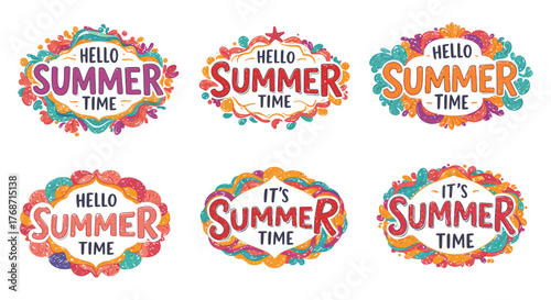 hello summer time message with colorful designs cheerful greeting perfect for seasonal marketing campaigns web banners and vibrant summer-themed projects.