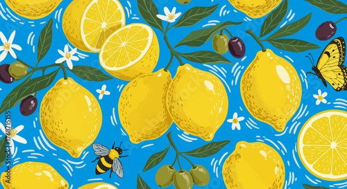 Lemon pattern design featuring fresh lemons with leaves and olives on a vibrant blue background perfect for summer textiles kitchen decor and food blogs.
