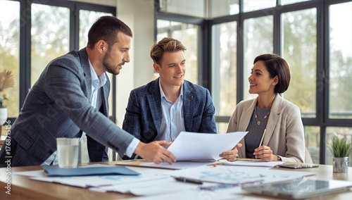 Business Meeting With Three Professionals Discussing Project Plans in Modern ...