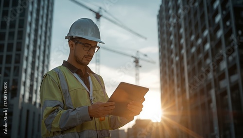 Construction Worker Using Tablet for Project Management at Sunset in Urban Area