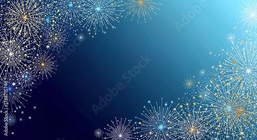 Colorful Fireworks Burst Against Gradient Blue Background Creating Festive Atmosphere for Celebration and Joy

