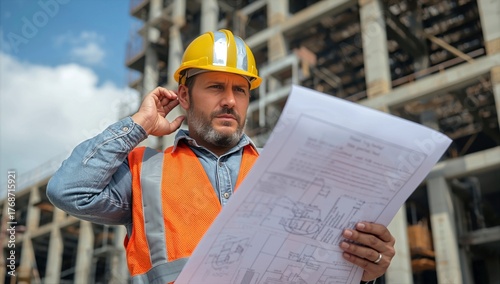 Construction Worker Reviewing Plans at a Building Site During a Sunny Day