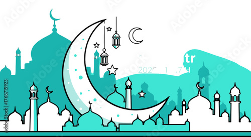 Ramadan Illustration with Crescent Moon Lanterns and Mosque Silhouette.