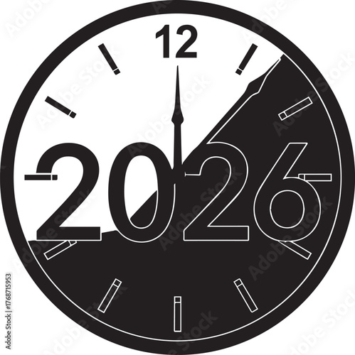 Midnight Clock Countdown 2026 Minimal Black Vector Design