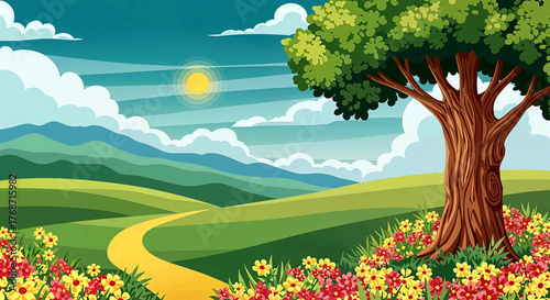 Colorful Countryside Landscape with Tree, Flowers, Winding Path, and Mountains Under Sunny Sky Evoking Natural Serenity
