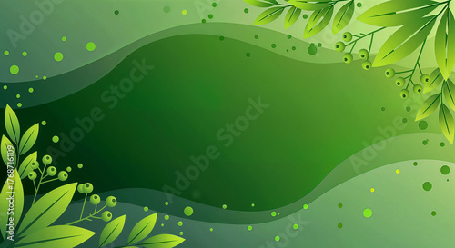 Abstract Nature-Themed Background with Green Gradients, Leaves, and Berries Creating Organic and Artistic Composition
