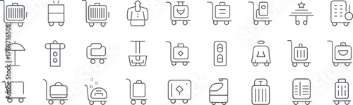 Luggage and Baggage Icon Set. Travel, Airport, and Hotel Trolley Outline Symbols. Linear Vector Suitcase, Bag, and Cart Pictogram Collection