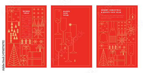 Happy New Year, poster, banner and card design in minimalist geometric line style. Xmas and new year background set. 2026
