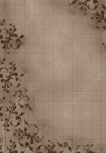 Grungy Vintage Graph Paper Background with Baroque Floral Ornaments | Aged Grid Texture Wallpaper
