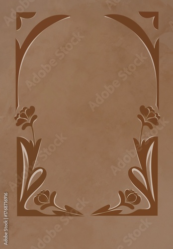 Elegant Art Nouveau Style Arch Frame with Floral Decoration | Vintage Brown Monochromatic Border Template