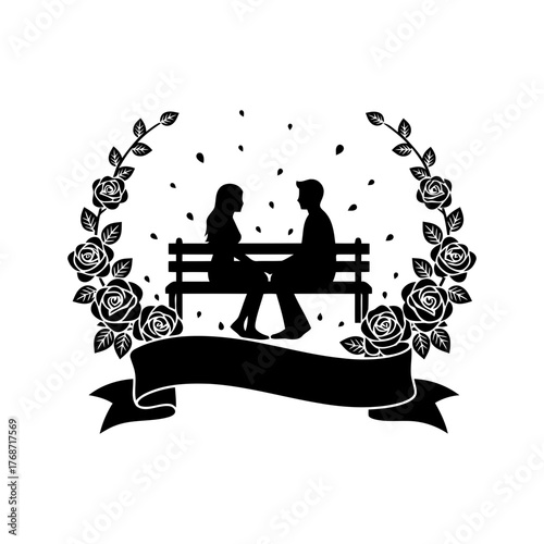 Vector art of silhouette of couple sitting on bench
