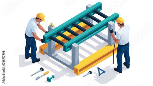 Two construction workers in hard hats collaborating to assemble a playground slide structure with tools nearby