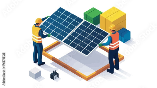 Two construction workers in safety vests and hard hats installing a large solar panel on a rooftop