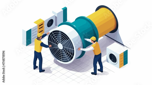 Two construction workers in yellow vests and hard hats assembling a large industrial fan ventilation system