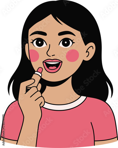 Woman applying lipstick beauty makeup tutorial illustration art